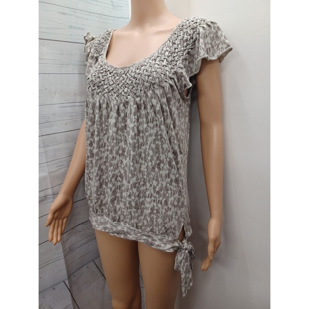 Elle Flutter Cap Sleeve Scoop Neck Top Gray White Shirred Tie Side Sz S